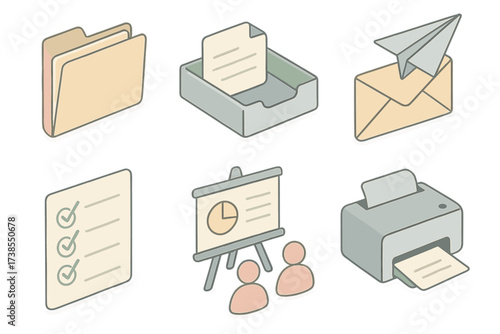 Office Workflow Icons. Isometric vector illustration set of office workflow icons: file folder, inbox tray, outgoing mail, printer