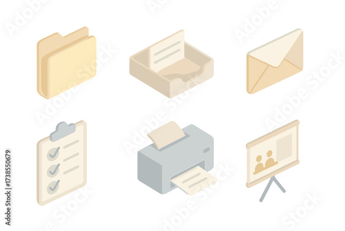 Office Workflow Icons. Isometric vector illustration set of office workflow icons: file folder, inbox tray, outgoing mail, printer