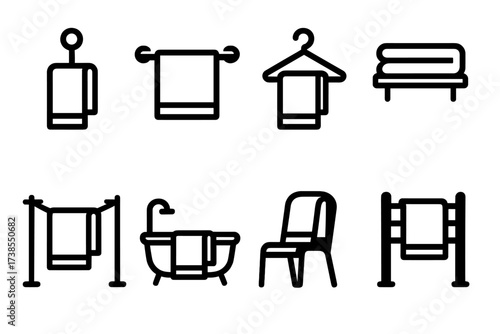 Towel Icon Set. Solid, filled icon set of towel drying and hanging: towel on hook, towel on rail, towel on hanger, towel on shelf, towel drying outside, towel