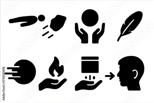 Supernatural Icon Set. Solid, filled icon set of supernatural movement: levitating body, flying stone, invisible lift, floating feather, thrown object,