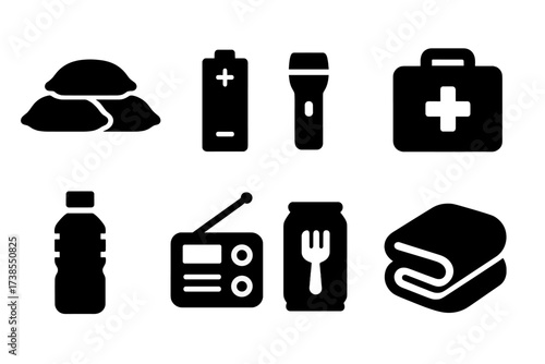 Storm Prep Essentials. Solid, filled icon set of storm preparation: sandbags, battery, flashlight, first aid kit, water bottle, radio, emergency food, blanket.