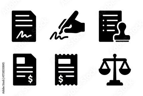 Broker Agreement Icons. Solid, filled icon set of broker agreements: contract, signature, approval stamp, terms document, invoice, receipt, legal scales,