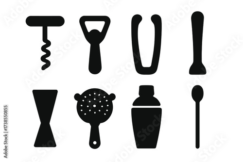 Classic Bar Tools. Solid, filled icon set of old fashioned bar tools: corkscrew, bottle opener, ice tongs, muddler, jigger, strainer, shaker, bar spoon. Solid,