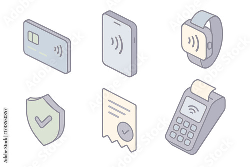 Modern Finance Icons. Isometric vector illustration set of modern finance icons: contactless payment card, smartphone with NFC