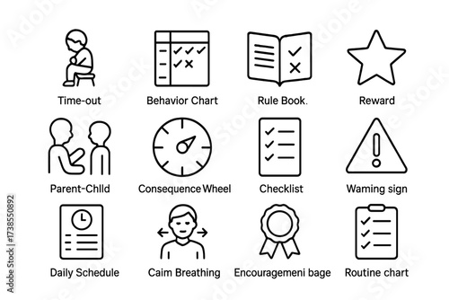 Discipline Strategy Icons. Discipline strategies. Line icon set of discipline strategies: timeout, behavior chart, rule book, reward star, parent-child