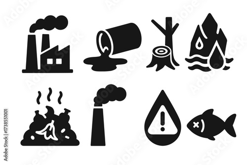 Environmental Crisis Icons. Solid, filled icon set of environmental crisis: polluted factory, oil spill, deforestation, melting iceberg, trash heap,