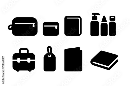 Travel Essentials Icons. Solid, filled icon set of travel size packing essentials: toiletry bag, small zip pouch, compact organizer, travel bottle set, mini