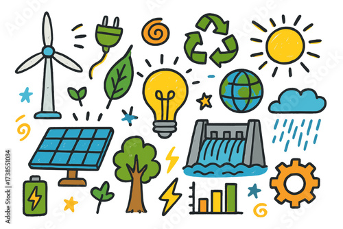 Renewable Energy Doodle. Renewable Energy. Colorful Hand-drawn doodle Children illustration wind turbine, solar panel, hydro dam, lightbulb, battery, leaf,