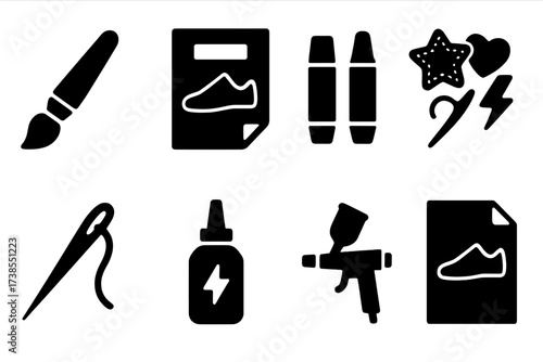 Sneaker Customization Tools. Solid, filled icon set of sneaker customization: paintbrush, stencil, markers, patches, sewing needle, glue, airbrush, design