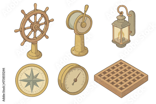 Vintage Ship Controls. Isometric vector illustration set Vintage Ship Controls: brass shipwheel on pedestal, telegraph throttle