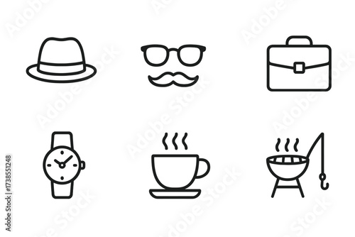 Uncle Icon Set. Outline icon set of uncle: hat, glasses, mustache, briefcase, wristwatch, coffee cup, barbecue grill, fishing rod. Line icons in only black