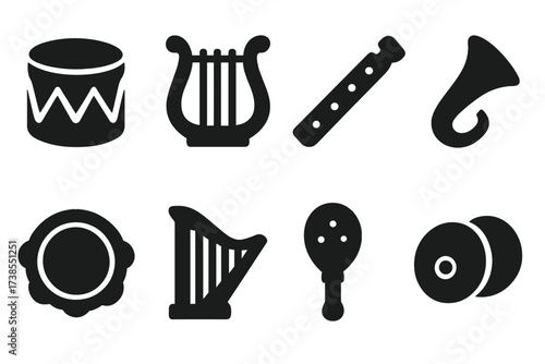 Ancient Music Icon Set. Solid, filled icon set of ancient music and instruments: drum, lyre, flute, horn, tambourine, harp, rattle, cymbals. Solid, filled