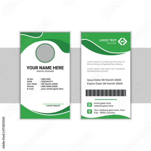 Green ID card template for employee and staff identification with modern professional corporate design