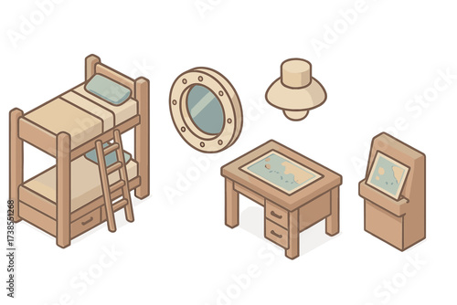 Ship Interior Design. Isometric vector illustration set Ship Interior Cabin: bunk bed with ladder, porthole window, small desk