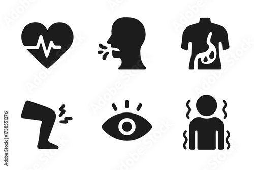Instinctive Body Functions Icons. Solid, filled icon set of instinctive body functions: heartbeat, breathing, sweating, digestion, reflex arc, blinking, pupil