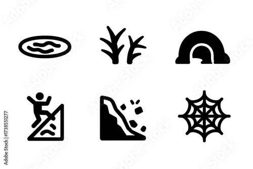 Natural Traps Icons. Solid, filled icon set of natural traps: quicksand, thorn bush, bear cave, animal den, slippery slope, rockfall, swamp pit, spider web.