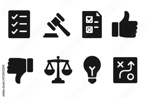 Executive Icon Set. Solid, filled icon set of executive decision-making: checklist, gavel, voting ballot, thumbs up, thumbs down, scales of justice, light