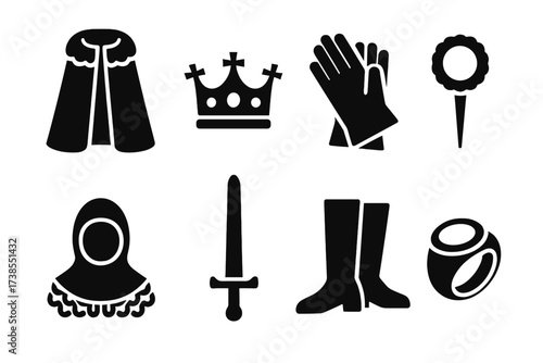 Noble Attire Icons. Solid, filled icon set of nobility attire: velvet cloak, crown jewels, gloves, brooch, chainmail, ceremonial sword, boots, signet ring.