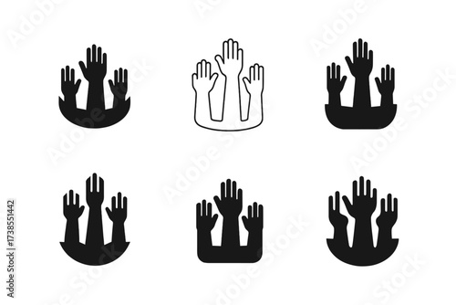 Fitness Motivation Logos. Group Fitness Motivation. Set Logo of Group Fitness Motivation: Motivational Hands Raised. harmonious logo variations of the same