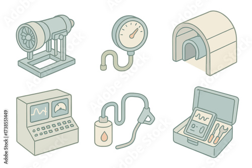 Engine Testing Equipment. Isometric vector illustration set Engine Testing Equipment: test stand with mounted jet engine, thrust