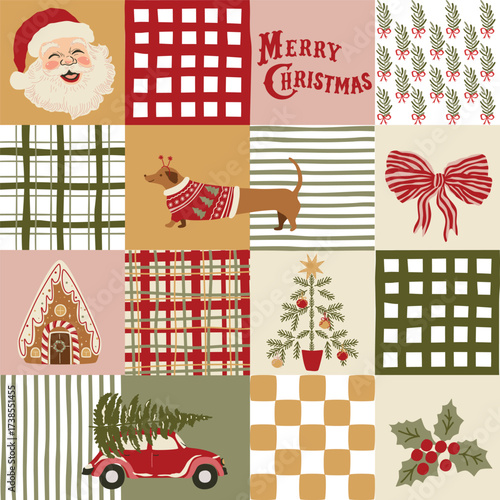Christmas patchwork seamless pattern. Cozy cottagecore winter holidays wallpaper, repeat background. Vintage New Year print, mosaic textile design, quilt, plaid. Santa, Christmas tree, car in vector.
