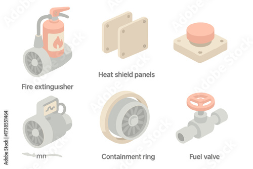 Jet Engine Safety Icons. Isometric vector illustration set Jet Engine Safety Features: fire suppression system, heat shielding