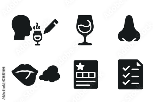 Gin Tasting Icons. Solid, filled icon set of gin tasting elements: aroma sniffing, tasting notes, swirl glass, nose, mouth, finish, scorecard,