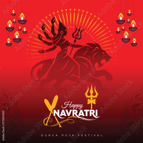 Vibrant navratri illustration showcasing the powerful goddess durga riding a lion in a fiery red backdrop, perfect for celebrating the auspicious hindu festival with joy and devotion