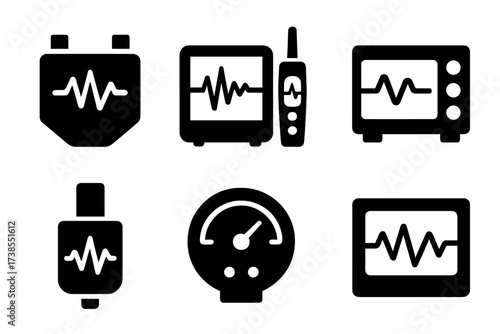 Vibration Tool Icons. Solid, filled icon set of vibration measurement tools: accelerometer, seismograph, vibrometer, oscilloscope, sensor, gauge, meter,
