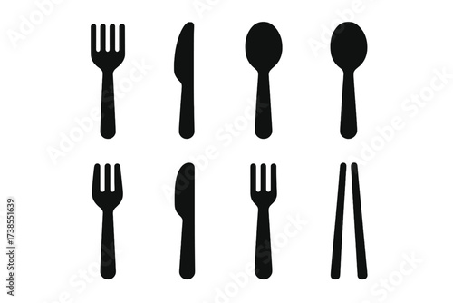 Cutlery Icon Set. Solid, filled icon set of dish related cutlery: fork, knife, spoon, serving spoon, salad fork, butter knife, dessert fork, chopsticks. Line