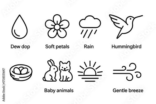 Tender Nature Icons. Outline icon set of tender nature: dew drop, soft petals, gentle rain, hummingbird, nest with eggs, baby animals, sun rays, gentle breeze.