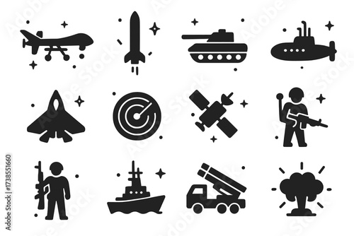 Modern Warfare Icons. Modern warfare. Solid icons set of combat drone, missile strike, tank, submarine, stealth fighter, radar, satellite, armored car, soldier