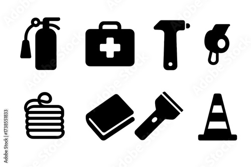 Safety Equipment Icons. Solid, filled icon set of safety equipment tools: fire extinguisher, first aid kit, safety hammer, emergency whistle, rescue rope,