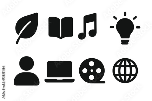 Inspiration Icon Set. Solid, filled icon set of inspiration sources: nature, book, music note, light bulb, person, computer, film reel, globe. [Line icons in
