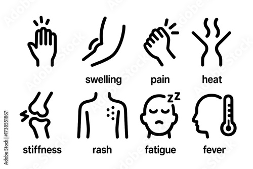 Anti-Inflammatory Icons. Solid, filled icon set of anti-inflammatory symptoms: redness, swelling, pain, heat, stiffness, rash, fatigue, fever. Line icons in