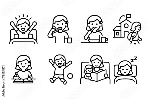 Daughter's Daily Routine Icons. Outline icon set of daughter?s daily routine: waking up, brushing teeth, eating breakfast, going to school, doing homework,