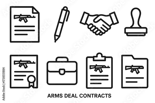 Arms Deal Icons. Outline icon set of arms deal contracts: document, pen, handshake, stamp, certificate, briefcase, clipboard, contract folder. Line icons in