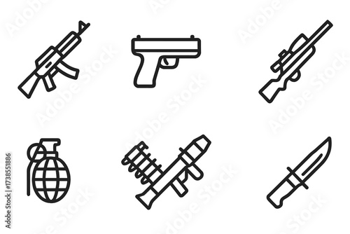 Weapon Icon Set. Outline icon set of weapon crate contents: assault rifle, pistol, shotgun, sniper rifle, grenade, ammunition belt, rocket launcher, combat