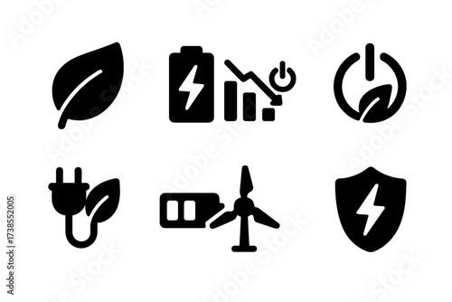 Standby Energy Icons. Solid, filled icon set of standby energy concepts: leaf symbol, battery with lightning, power saving graph, eco mode, green energy,