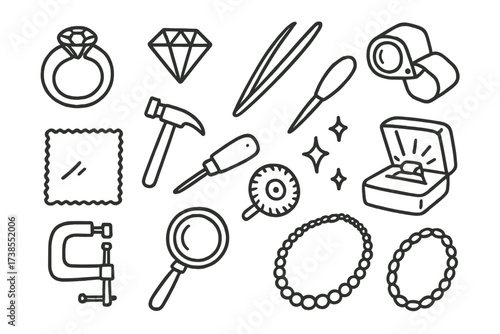Jewelry Making Tools. Hand-drawn doodle illustration tension setting ring band, gemstone, tweezers, jeweler?s loupe, polishing cloth, hammer, engraving tool,