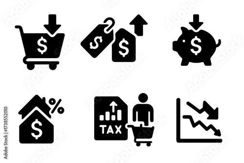 Inflation Effects Icons. Solid, filled icon set of inflation effects: reduced purchasing power, price tags, salary adjustment, savings erosion, loan interest,