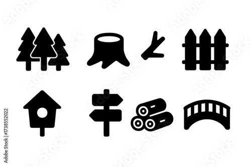 Woodland Icon Collection. Solid, filled icon set of wood environment: forest, tree stump, fallen branch, wooden fence, birdhouse, wooden signpost, log pile,