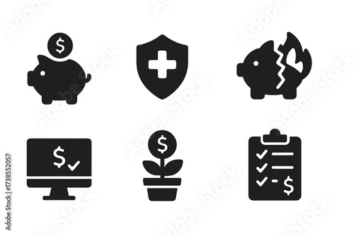 Financial Stability Icons. Solid, filled icon set of financial trouble prevention: savings, insurance, budgeting, emergency fund, credit monitoring, financial