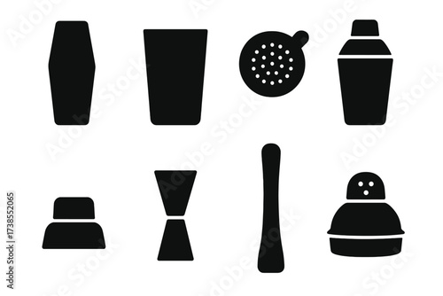 Cocktail Shaker Icons. Solid, filled icon set of shaker components: shaker tin, mixing glass, strainer lid, built-in strainer, cap, jigger, muddler, shaker