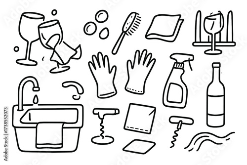Wine Glass Cleaning. Hand-drawn doodle illustration wine glass cleaning wine glass, soap bubbles, brush, cloth, drying rack, water droplet, gloves, sink,