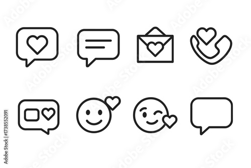 Flirt Icons Collection. Outline icon set of flirt communication: chat bubble with heart, text message, love letter, phone call, video call, heart emoji, flirty