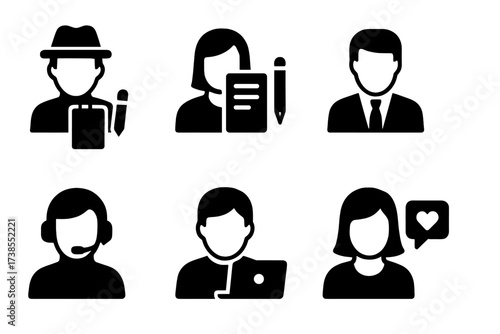 Media Roles Icons. Solid, filled icon set of media roles: journalist, editor, cameraman, anchor, producer, photographer, blogger, influencer. [Line icons in