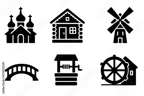 Slavic Folk Architecture Icons. Solid, filled icon set of Slavic folk architecture: wooden church, log house (izba), watchtower, windmill, wooden bridge, well,