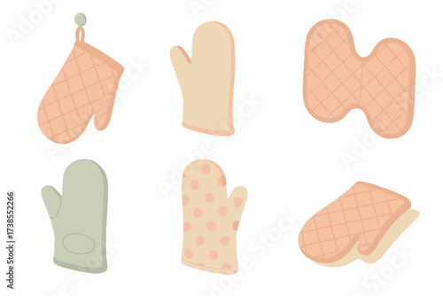 Oven Mitt Collection. Isometric vector illustration set Culinary Recipe Essentials: index cards in wooden box, digital scale for
