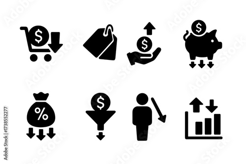 Inflation Effects Icons. Solid, filled icon set of inflation effects: reduced purchasing power, price tags, salary adjustment, savings erosion, loan interest,